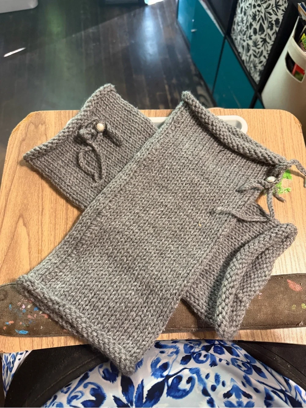 Gray Knit Leg Warmers with Pearl Button Detail